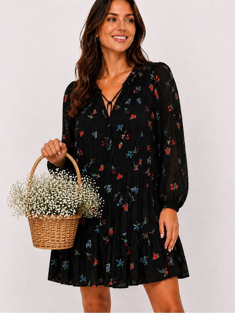 XL Old Navy Black Floral Long Sleeve Tie-Front Dress